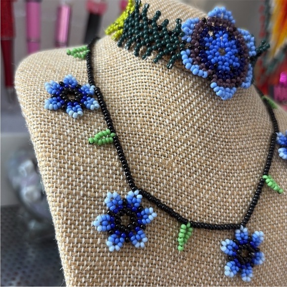 Handcrafted Blue Floral Beaded Necklace and Choker Set - Picture 2 of 6